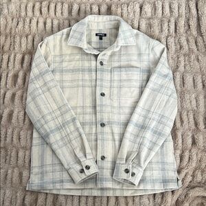Express Men’s Plaid Button Up Shacket Overshirt Cream Gray Size Large
